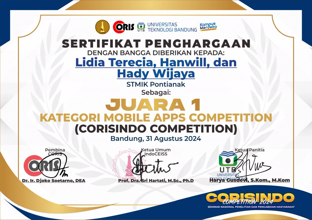 Certificate: Juara 1, Mobile Apps Competition, CORISINDO 2024