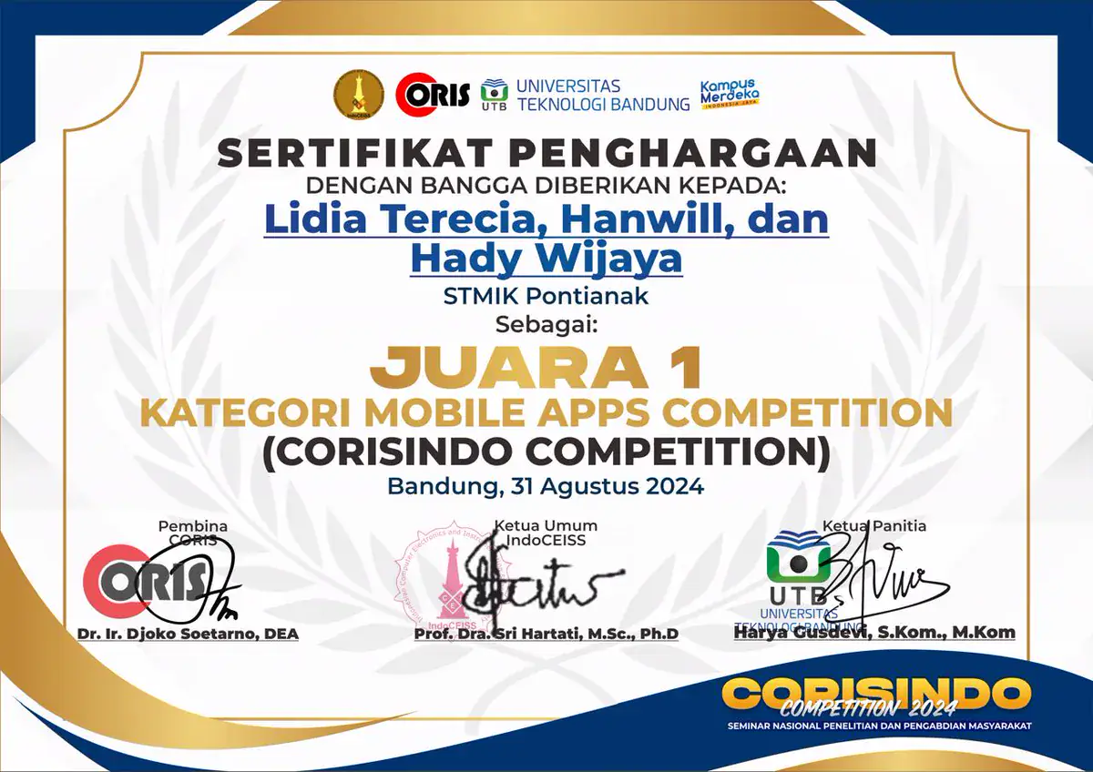 Certificate: 1st place, Mobile Apps Competition, CORISINDO 2024