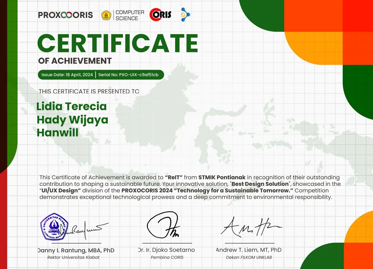 Certificate of Achievement: Best Design Solution, UI/UX Design, PROXOCORIS 2024