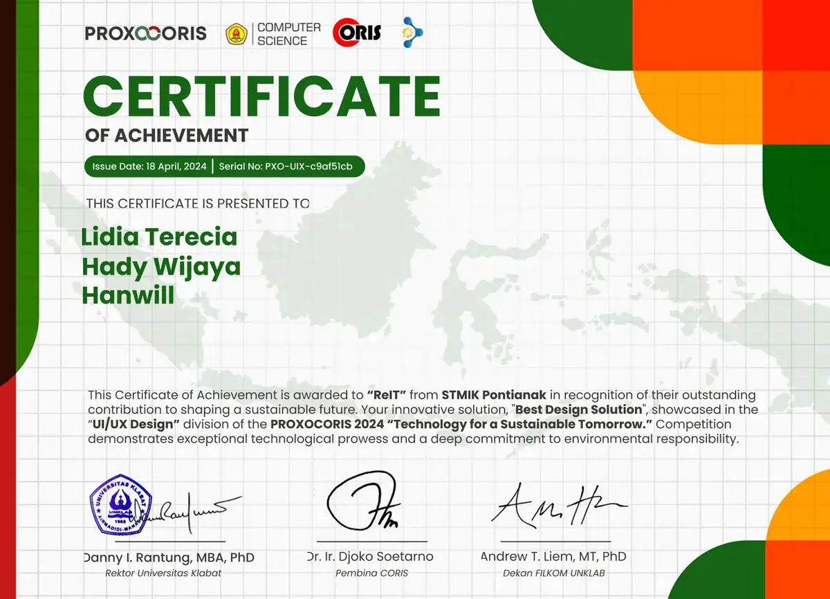 Certificate of Achievement: Best Design Solution, UI/UX Design, PROXOCORIS 2024