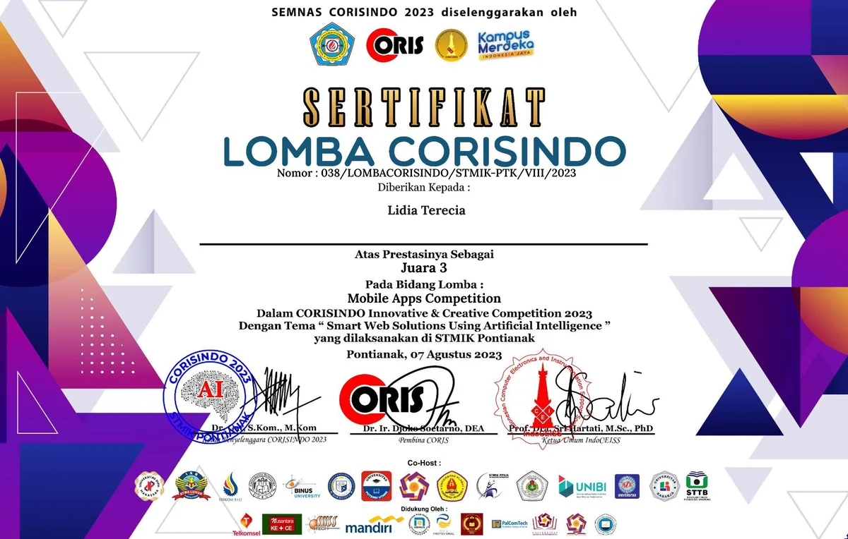 Certificate: Juara 3, Mobile Apps Competition, LOMBA CORISINDO 2023