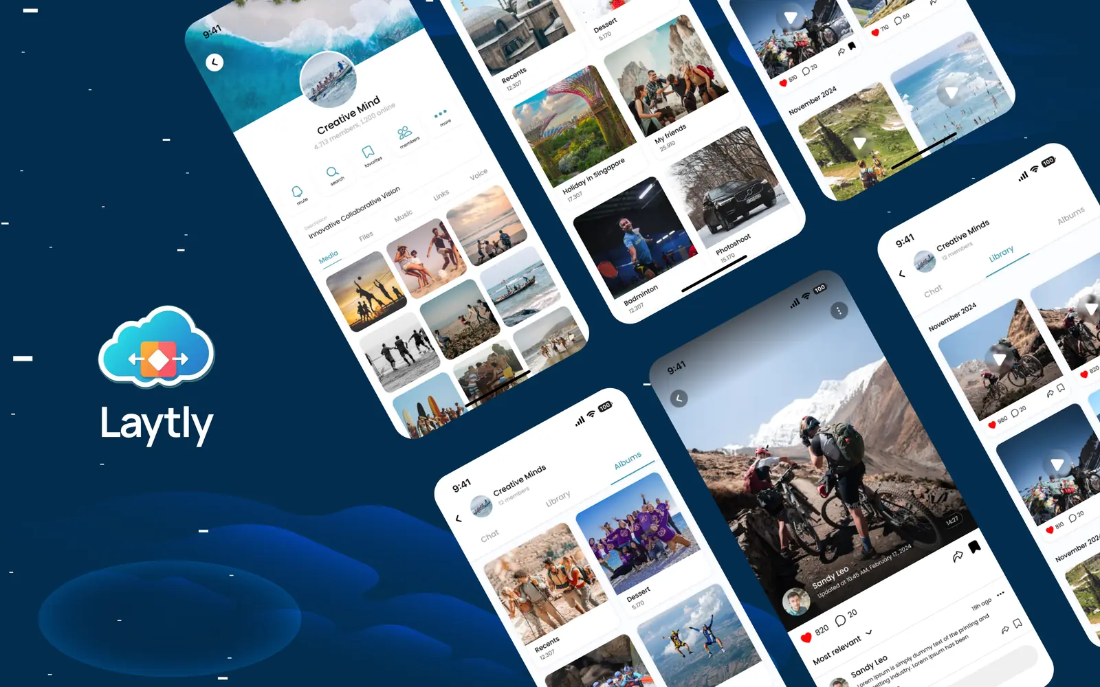 Laytly: the logo, the group media library, albums and the full-screen photo viewer