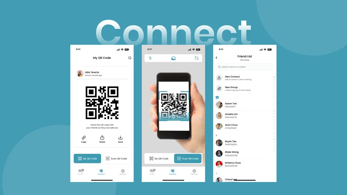 Connect 标签页:个人二维码、扫码与好友列表