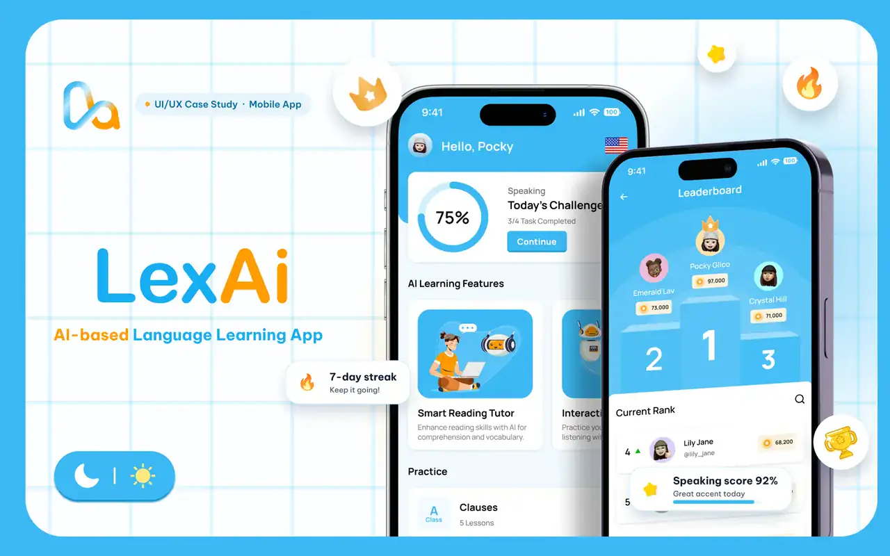 LexAI: AI-based language learning app, the home screen and the leaderboard