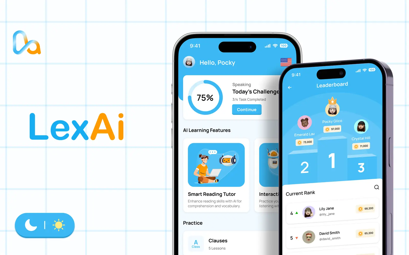 LexAI: the wordmark, the home screen and the leaderboard