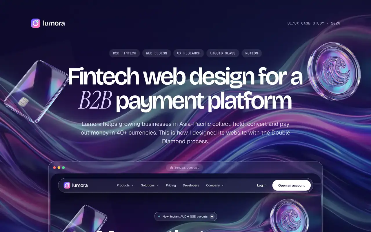 Lumora: Fintech web design for a B2B payment platform, and the Money that moves like light homepage