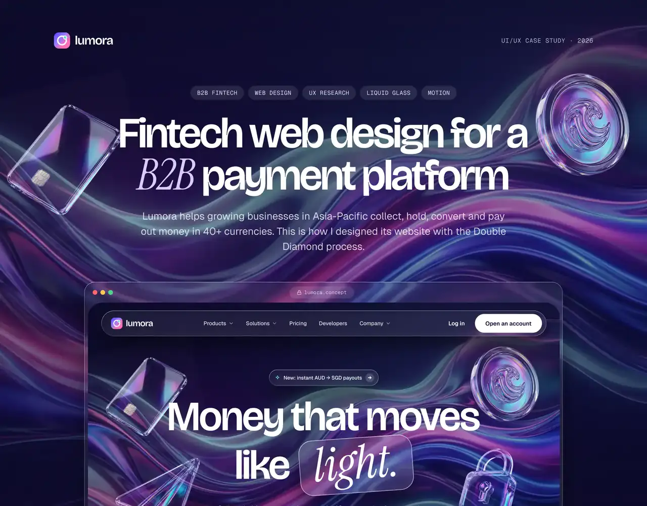 Lumora cover: Fintech web design for a B2B payment platform, and the Money that moves like light hero