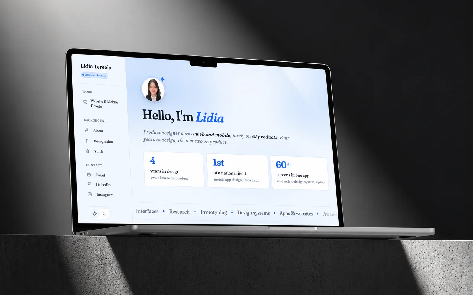 This site&rsquo;s home page on a laptop: the greeting, the positioning line and three figures