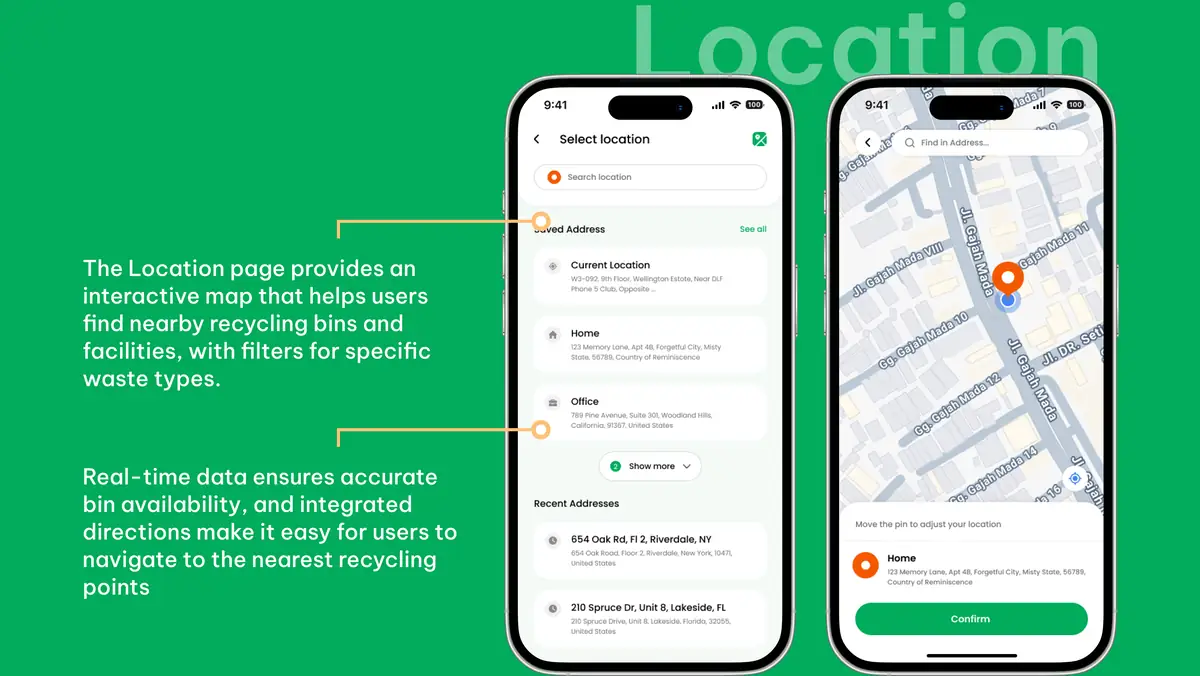 The location screen with the bin map