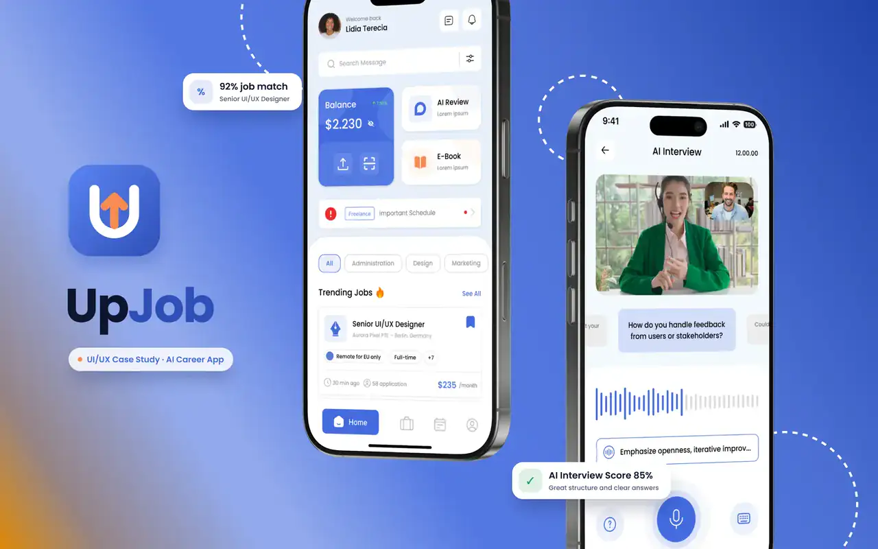 UpJob: an AI career app that reads one CV, the home screen and the AI interview